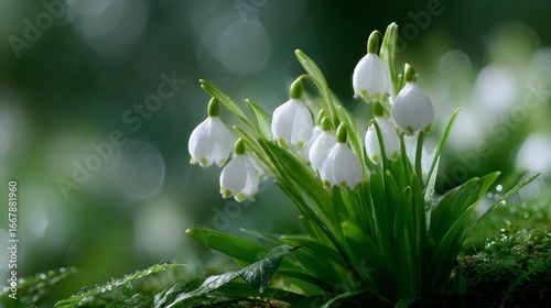 Delicate white flowers bloom gracefully in a lush green setting. The soft petals and vibrant greenery create a serene atmosphere. Perfect for nature lovers and floral enthusiasts. AI