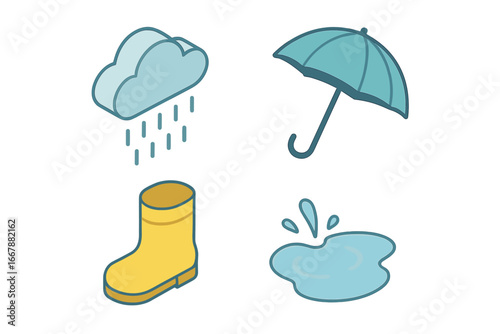 Isometric rain icon set. Flat design weather symbols. Vector collection of cloud with drizzle, umbrella, rain boot, puddle with splash. Autumn season, forecast graphic elements.