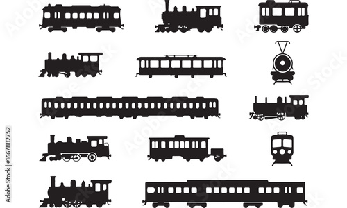 A collection of simple black silhouette icons of various trains and train cars, suitable for use in transportation, travel, or history-themed designs.