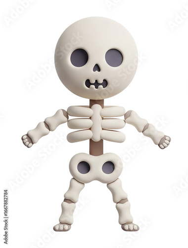 A playful skeleton figure with a round head, wide eyes, and jointed limbs, designed in a cartoonish style.