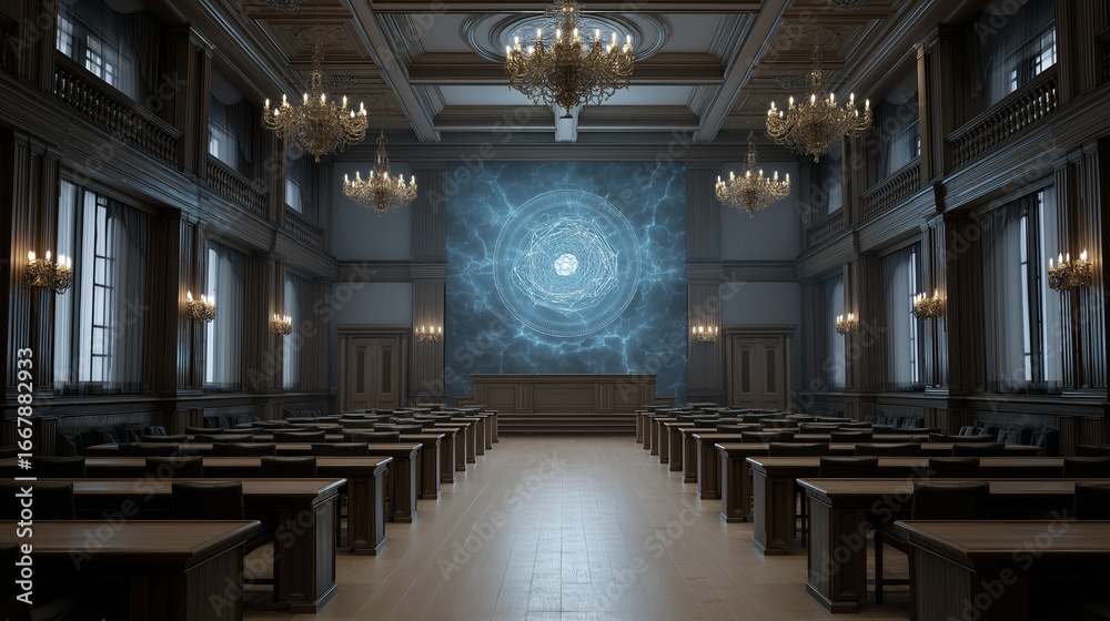 Obraz premium Fintech and crypto regulations in historical courtroom setting exploring compliance challenges and opportunities in financial technology