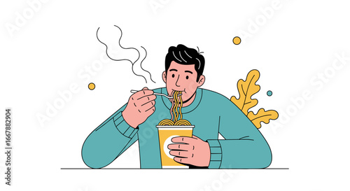 Young man happily enjoying a steaming bowl of delicious noodles with a fork on a bright background with decorative elements
