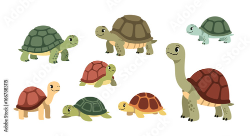 A collection of adorable and diverse cartoon tortoises and turtles exhibiting various sizes and colors