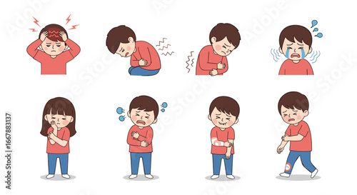 Children experiencing various ailments physical discomfort emotions and painful conditions depicted in illustrations