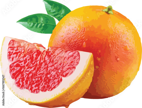 Red Grapefruit Slice with Whole Fruit and Green Leaves