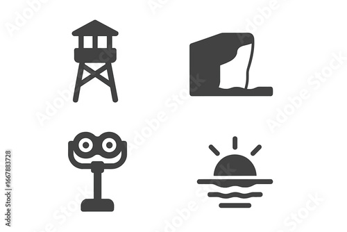 Scenic viewpoints flat icon set. Vector symbols for photo stops, lookout tower, cliff edge, and vista binoculars. Nature travel and tourism concept for observing a sunset.