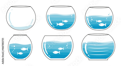Six round glass fish bowls filled with blue water and swimming white fish showing different water levels and bubbles