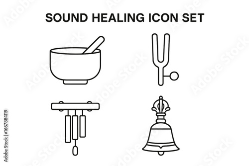 Sound healing line icon set. Vector outline illustration of a crystal singing bowl, tuning fork, chime, and Tibetan bell. For meditation, wellness, and spiritual retreat concepts.