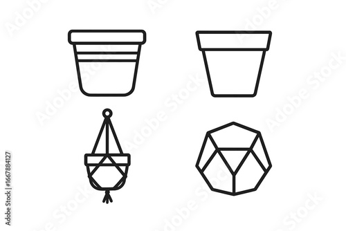 Planter and flower pot outline icon set. Vector line art of terracotta, ceramic, macrame hanger and geometric pots. Minimalist icons for gardening, houseplants and decor.
