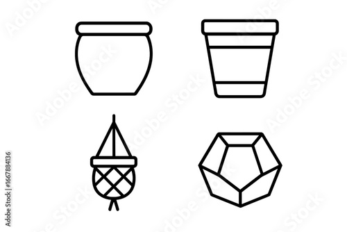 Planter and pot outline icon set. Vector illustration of a ceramic pot, terracotta pot, macrame plant hanger, and geometric terrarium. Modern icons for houseplants & gardening.