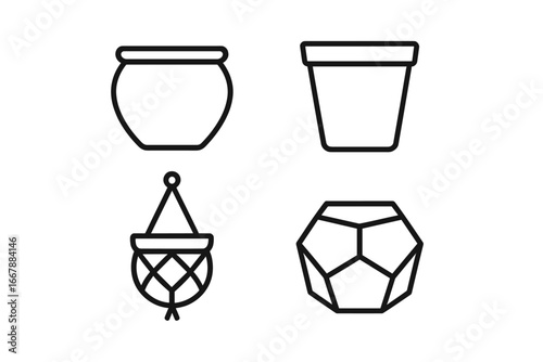 Set of planter icons. Outline plant pot symbols for home decor. Modern linear vector collection with ceramic pot, macrame hanger, terracotta planter and geometric terrarium.
