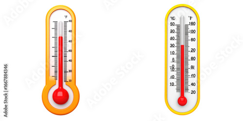 3D Plastic Style Thermometers Illustration Orange And White Color With Red Liquid Inside Isolated On Transparent Background