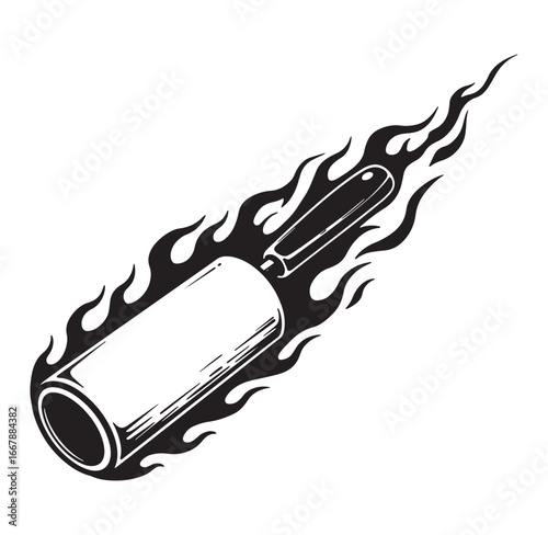 Retro style illustration of a lint roller engulfed in flames on a clean white background