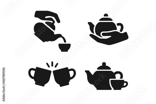 Tea ritual icon set. Solid glyph vector pictograms of tea ceremony moments. Hand pouring tea, holding teapot, clinking cups. Beverage serving and sharing concept symbols.
