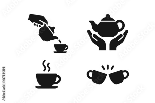 Tea ritual glyph icon set. Solid vector icons of tea ceremony moments. Hand pouring hot drink, hands holding teapot, steaming cup, and two mugs clinking for a toast. Cheers.