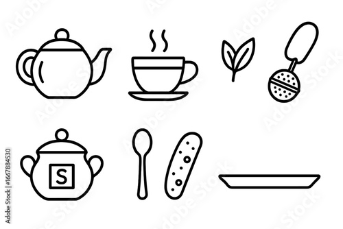 Tea time line icon set. Vector outline graphic collection of tea ceremony objects: teapot, cup, leaves, infuser, sugar, spoon, biscuit, tray. Beverage and breakfast elements.