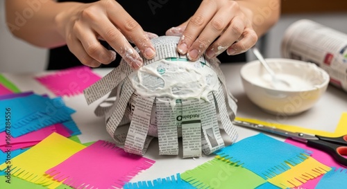 Close-up of Woman Making a Paper Mache Craft, DIY Project