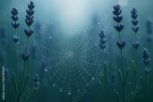 Dew-covered spider web among lavender plants in soft morning light on a dreamy bluish background, capturing a peaceful natural atmosphere. Ai generative