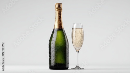Wallpaper Mural A chilled green bottle of sparkling wine with condensation stands beside a partially filled champagne flute against a bright white backdrop Torontodigital.ca