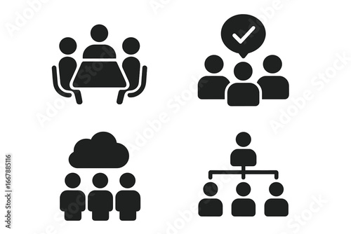 Team Collaboration Icons Set, Solid Black Filled Vector of Group Negotiations, Voting Symbol, Brainstorming Cloud, and Team Organizational Chart, Transparent Background