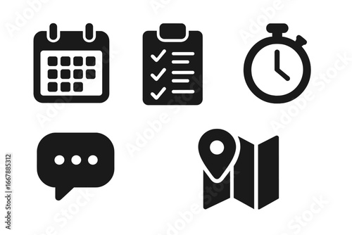 Team coordination icons set, solid filled vector illustration with calendar, checklist, timer, chat bubble, map, project management, scheduling, communication symbols