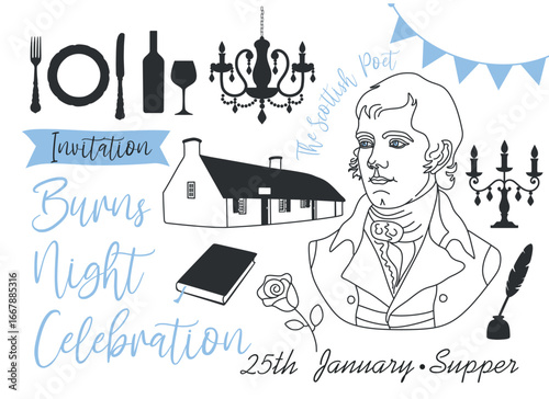 Robert Burns Night 25th January, United Kingdom Scotland flags. Vector vintage invitation illustration