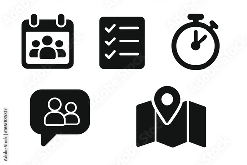 Team Coordination Icons Solid Filled Set of Business Collaboration Activities with Calendar, Checklist, Timer, Chat Bubble, Map Pin Symbols Vector Illustration