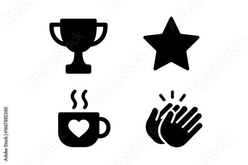 Team motivation icons set, solid filled vector symbols of team culture, achievement trophy, star award, coffee cup with heart, applause hands for success and encouragement