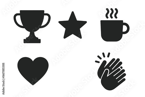 Team motivation icons set with solid filled trophy, star, coffee cup, heart, applause hands, culture and encouragement symbols, vector illustration on transparent background