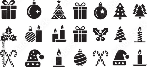 A collection of simple, black silhouette icons representing classic Christmas and holiday symbols, including gifts, ornaments, Christmas trees, candy canes, and candles.