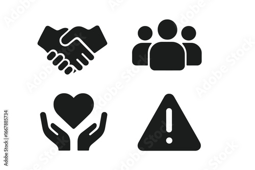 Solid filled teamwork and support icons, handshake, group of people, caring hands holding heart, and hazard warning symbol, vector illustration set for business and social concepts