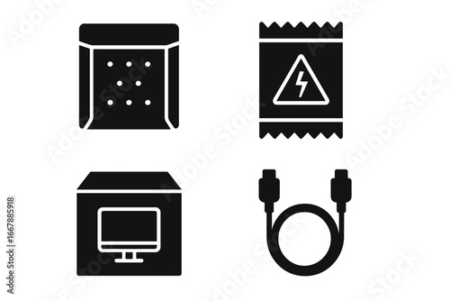 Tech Packaging Icons Solid Filled Electronic Product Packaging Vector Set with Padded Envelope, Anti-Static Bag, Tech Box, and Cable Illustration on Transparent Background