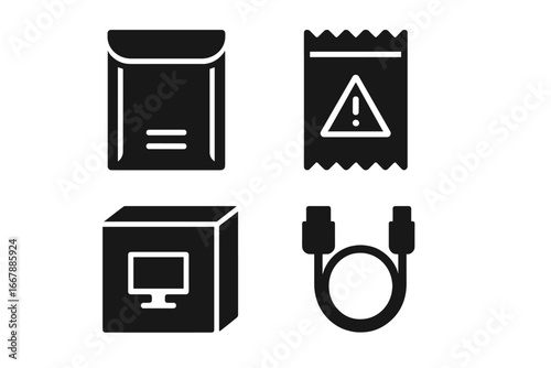 Solid filled vector icons of electronic product packaging including padded envelope, anti-static bag, tech box, and cable illustration on transparent background