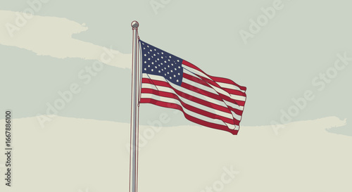 American Flag Flying High on White Flagpole Against a Soft Sky Background, Symbol of Patriotism, Freedom, and National Pride, Perfect for USA Celebrations, Memorial Day, or 4th of July Campaigns