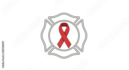 Awareness Ribbon Emblem Inside a Simplified Fire Department Badge Symbolizing Support for Firefighters and Fire Safety Campaigns, Suitable for Charity, Community, and Emergency Services Promotions