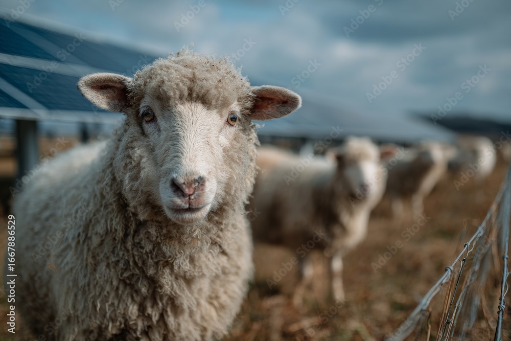 Obraz premium Fluffy sheep stand along the fence line near rows of solar panels in open countryside