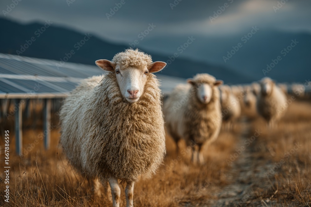 Obraz premium Sheep grazing beside solar panels at dusk