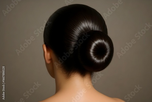 A sleek, polished bun hairstyle viewed from the back, showcasing glossy hair against a neutral background. Concept Sleek Bun Hairstyle, Glossy Hair Finish, Elegant Updo, Minimalist Background
