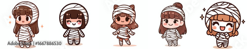 Girl wearing a cute mummy costume with a Halloween theme. Vector, illustration, icon set