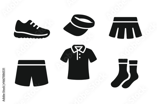 Solid vector icons set of tennis attire including tennis shoes, visor cap, polo shirt, tennis skirt, shorts, socks; sports and athletic clothing apparel collection