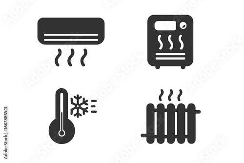 Temperature Control Icons Set, Solid Filled Vector of Air Conditioner, Heater, Thermostat, Radiator, Fan Symbols for Climate Regulation and HVAC Systems