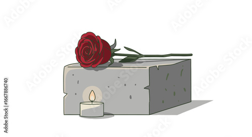Elegant Red Rose and Candle Arrangement on a Concrete Block for Romantic, Memorial, or Decorative Purposes with Minimalist Style and Soft Lighting, Ideal for Sympathy, Anniversary, or Special Event