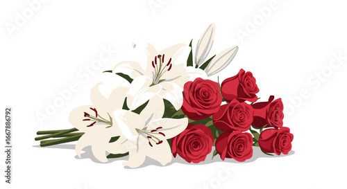 Elegant Romantic Floral Bouquet with White Lilies and Red Roses for Celebrations, Weddings, Anniversaries, and Special Occasions, Perfect for Greeting Cards, Event Decorations, and Romance Themes