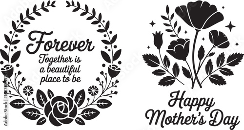 A collection of two hand-drawn, black-and-white floral designs with text, one for romance and one for Mother's Day.

