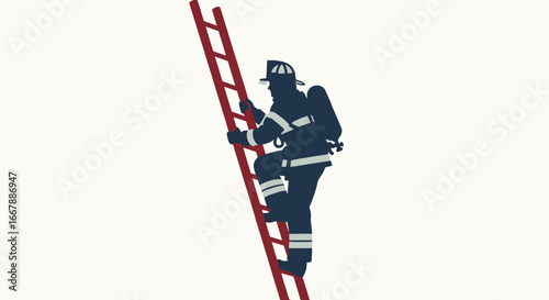 Firefighter Climbing Red Fire Ladder in Protective Gear During Emergency Response, Symbolizing Safety, Rescue Operations, Emergency Services, Bravery, and Risk Management in Critical Situations