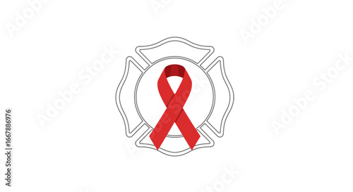 Health Awareness Concept Featuring Red Ribbon Symbol of HIV/AIDS Prevention and Support with Firefighter Badge Icon for Healthcare Campaigns and Medical Education Programs