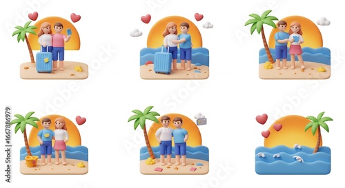 Cartoon couple beach vacation illustration set