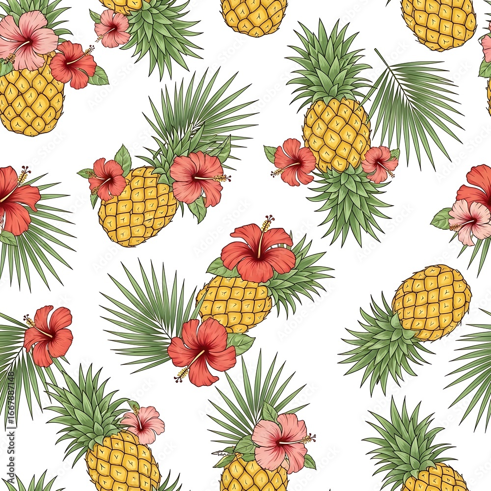 Fototapeta premium Seamless Tropical Pattern Pineapples Hibiscus Palm Leaves