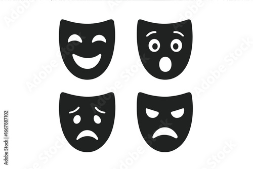 Theatrical expression icons solid filled set with happy surprised sad angry faces, drama masks vector illustration on transparent background for theater art emotions