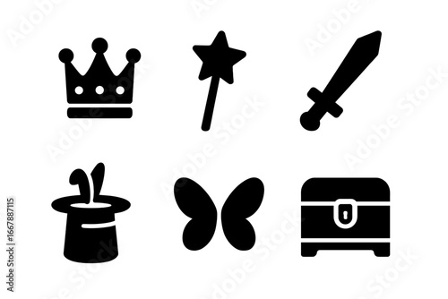 Solid theatrical props icons set for kids including crown, magic wand, sword, magician hat, fairy wings, treasure chest vector illustration on transparent background